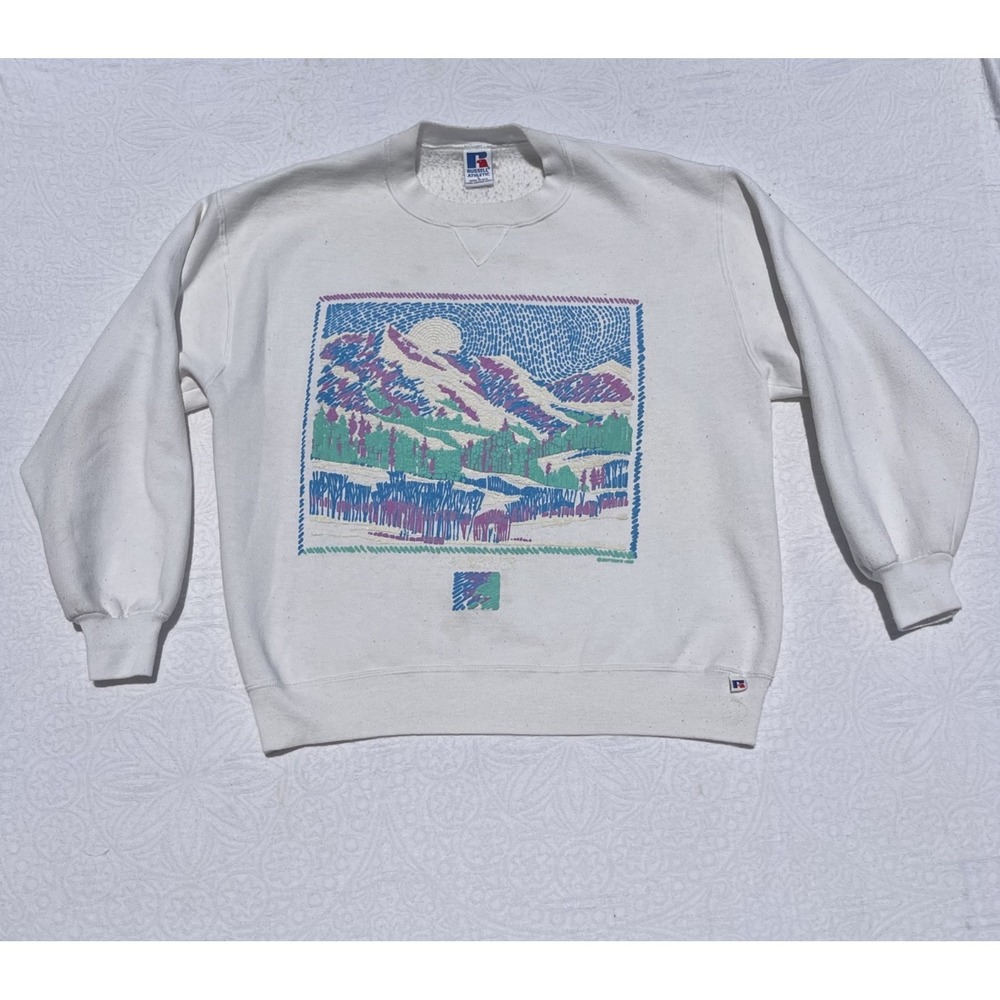 Vintage 90s Winter Landscape Puffy Print Graphic Sweatshirt size L Sunriver VTG